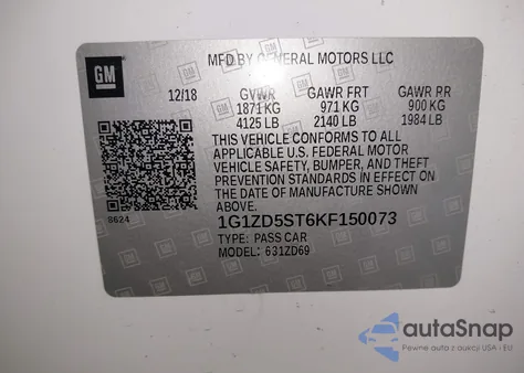 2019 Chevrolet Malibu Lt из США, поврежденный, VIN 1G1ZD5ST6KF150073